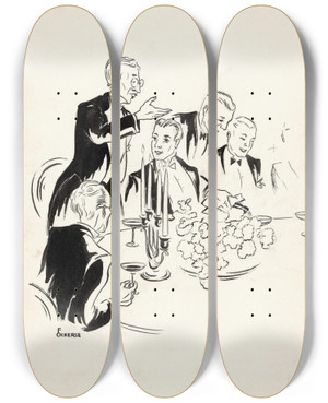 Triptych art skateboard deck of F Ockerse Man Geeft Een Speech Bij Een Diner by F Ockerse (20-)