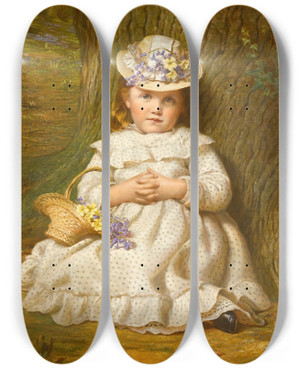 Triptych art skateboard deck of Samuel Sidley Primroses And Bluebells by Samuel Sidley (1829-1896)