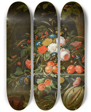 Triptych art skateboard deck of Abraham Mignon Flowers And Fruit by Abraham Mignon (1640-1679)