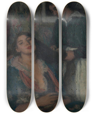 Triptych art skateboard deck of Edmond Francois Amanjean La Coiffure by Edmond Francois Aman-Jean (1858-1936)