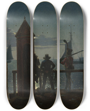 Triptych art skateboard deck of Martinus Rrbye View From The Citadel Ramparts In Copenhagen By Moonlight by Martinus Rorbye (1803-1848)