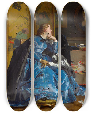 Triptych art skateboard deck of Alfred Stevens A Duchess The Blue Dress by Alfred Stevens (1817-1875)