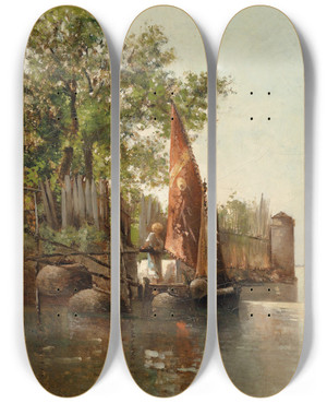 Triptych art skateboard deck of Leontine Von Littrow In Der Lagune Von Venedig by Leontine Von Littrow (1860-1914)