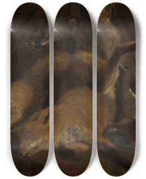 Triptych art skateboard deck of Ferdinand Keller Jagdstilleben by Ferdinand Keller (1842-1922)