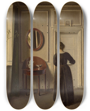 Triptych art skateboard deck of Vilhelm Hammershi Stue Interior With An Oval Mirror by Vilhelm Hammershoi (1864-1916)