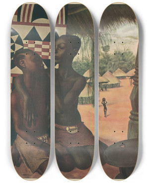 Triptych art skateboard deck of Alexandre Jacovleff Dessins Et Peintures Dafrique Pl 33 by Alexandre Jacovleff (1887-1938)