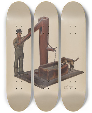 Triptych art skateboard deck of Beverly Chichester Man Pumping Water by Beverly Chichester (20-)