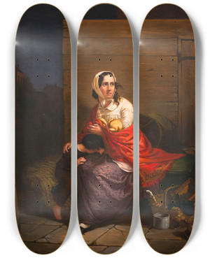 Triptych art skateboard deck of Charles F Blauvelt Burnt Out by Charles F Blauvelt (1824-1900)