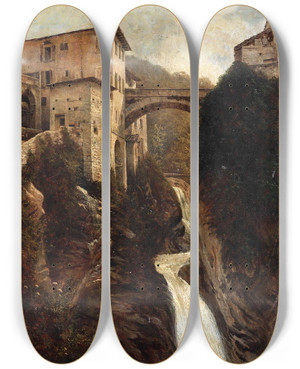 Triptych art skateboard deck of Pompeo Pozzi Veduta Di Nesso by Pompeo Pozzi (1817-1888)