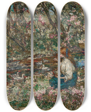 Triptych art skateboard deck of Edward Atkinson Hornel Feeding The Ducks by Edward Atkinson Hornel (1864-1933)