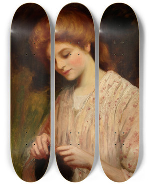 Triptych art skateboard deck of William Oliver Emma Eburne Knitting A Sweater by William Oliver (1823-1901)