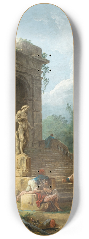 Hubert Robert - A capriccio of a classical arcade and a column with figures conversing before a statue 8.25 inch art skate deck
