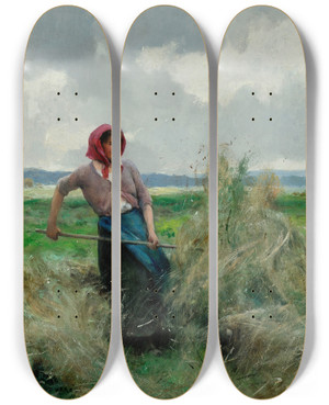 Triptych art skateboard deck of Julien Dupr Haymaking by Julien Dupre (1851-1910)