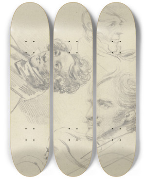 Triptych art skateboard deck of Ferdinand Von Rayski Studienblatt Vier Mnnliche Kpfe by Ferdinand Von Rayski (1806-1890)