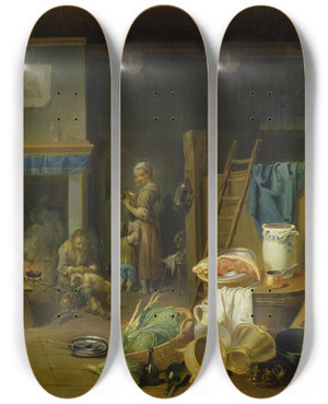 Triptych art skateboard deck of Justus Juncker Kitchen Interior by Justus Juncker (1703-1767)