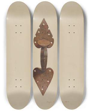 Triptych art skateboard deck of Regina Henderer Suffolk Latch_2 by Regina Henderer
