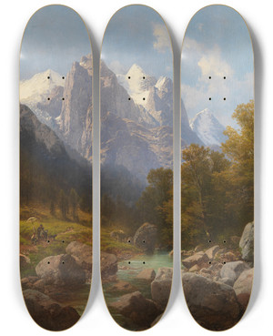 Triptych art skateboard deck of Carl Millner Der Maler Im Gebirge by Carl Millner (1825-1895)