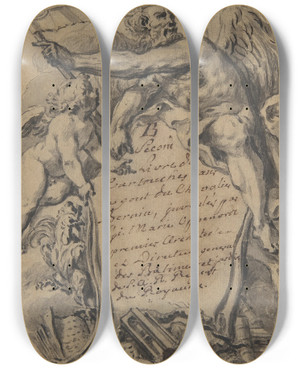 Triptych art skateboard deck of Gillesmarie Oppenord Study For A Cartouche_1 by Gilles Marie Oppenord (1672-1742)