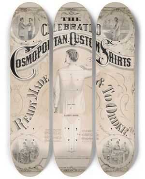 Triptych art skateboard deck of Baxter Scriven Bros The Celebrated Cosmopolitan Custom Shirts Ready Made To Order by Baxter Scriven Bros (19-20-)