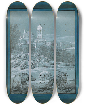 Triptych art skateboard deck of Jeanbaptiste Oudry The Wolf And The Fox by Jean-Baptiste Oudry (1686-1755)