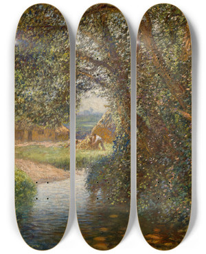 Triptych art skateboard deck of Sir George Clausen Haymakers By The Stream by Sir George Clausen (1852-1944)