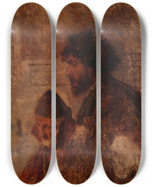 Triptych art skateboard deck of Ferdinand Heilbuth Study Of A Head by Ferdinand Heilbuth (1826-1889)