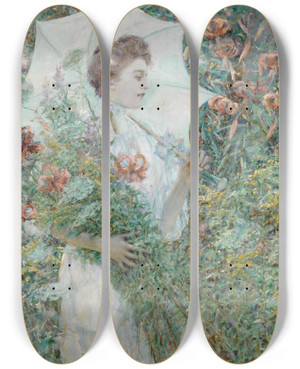 Triptych art skateboard deck of Robert Reid The White Parasol by Robert Reid (1862-1929)