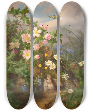 Triptych art skateboard deck of Josef Lauer Still Life With Bird by Josef Lauer (1818-1881)