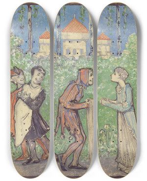 Triptych art skateboard deck of Bernard Willem Wierink Vier Figuren by Bernard Willem Wierink (1856-1939)
