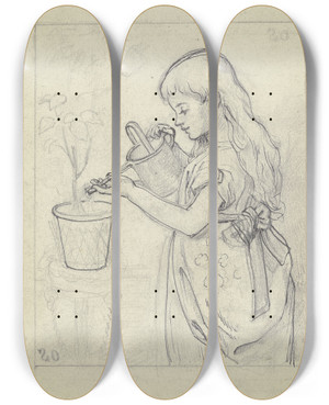Triptych art skateboard deck of Otto Scholderer Mdchen Beim Blumengieen by Otto Scholderer (1834-1902)