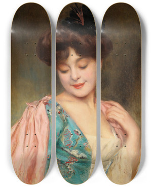 Triptych art skateboard deck of Alexis Vollon Eine Kokette Dame by Alexis Vollon (1865-1945)