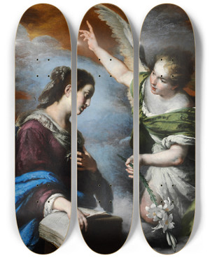 Triptych art skateboard deck of Bernardo Strozzi The Annunciation by Bernardo Strozzi (1581-1644)