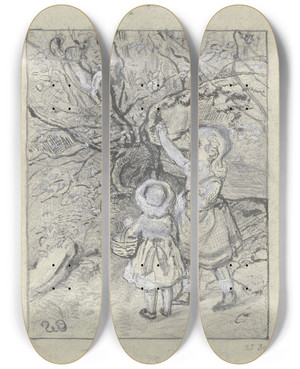 Triptych art skateboard deck of Otto Scholderer Zwei Kinder An Einem Busch by Otto Scholderer (1834-1902)