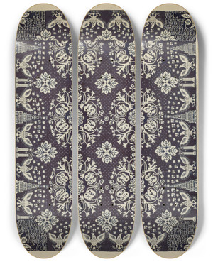Triptych art skateboard deck of Elizabeth Valentine Woven Bedspread by Elizabeth Valentine