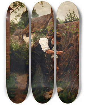 Triptych art skateboard deck of Aloysius Okelly Preparing For Winter by Aloysius Okelly (1853-1936)