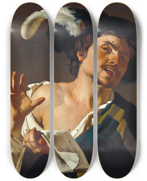 Triptych art skateboard deck of Dirck Van Baburen Young Man Singing by Dirck Van Baburen (1595-1624)