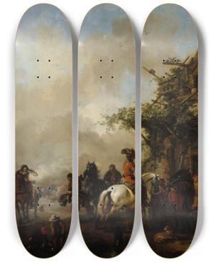 Triptych art skateboard deck of Philips Wouwerman Halte De Cavaliers by Philips Wouwerman (1619-1668)