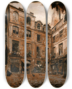 Triptych art skateboard deck of Emmanuel Lansyer La Cour De Lhtel Dit Colbert Rue De Lhtel Colbert by Emmanuel Lansyer (1835-1893)