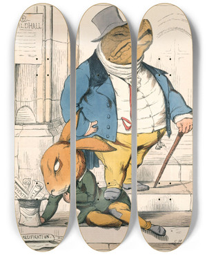 Triptych art skateboard deck of Charles Henry Bennett The Hare And The Tortoise by Charles H Bennett (1828-1867)