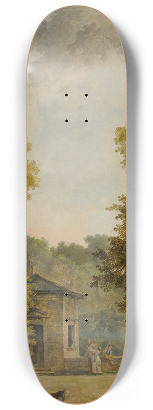 Hubert Robert - View of a walled garden courtyard, with a woman feeding chickens and other figures in the foreground 8.25 inch art skate deck
