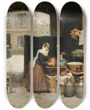 Triptych art skateboard deck of Victor Gabriel Gilbert Crmire En Hiver by Victor Gabriel Gilbert (1847-1933)