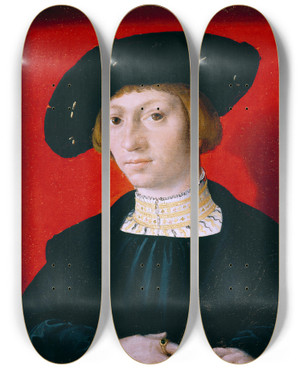Triptych art skateboard deck of Bernard Van Orley A Young Man by Bernard Van Orley (1492-1542)