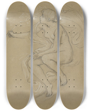 Triptych art skateboard deck of Elihu Vedder Study For Figure Ofspring by Elihu Vedder (1836-1923)