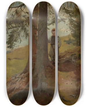 Triptych art skateboard deck of Hans Thoma Bauernjunge Am Waldrand by Hans Thoma (1839-1924)