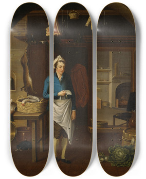 Triptych art skateboard deck of John Atkinson Kitchen Scene by John Atkinson (1863-1924)