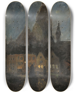 Triptych art skateboard deck of Frits Thaulow Evening In Dieppe by Frits Thaulow (1847-1906)