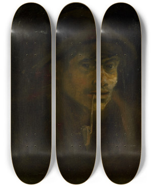 Triptych art skateboard deck of Ladislav Mednynszky Tramp With A Pipe by Ladislav Mednyanszky (1852-1919)