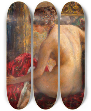 Triptych art skateboard deck of Ferdinand Max Bredt Red Silk by Ferdinand Max Bredt (1860-1921)