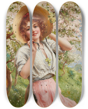 Triptych art skateboard deck of Emile Vernon Springtime by Emile Vernon (1872-1920)