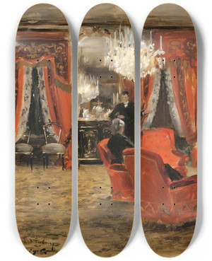 Triptych art skateboard deck of Hugo Birger Interior From The Frstenbergs Home By Electric Light by Hugo Birger (1854-1887)